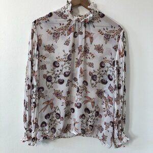 Soho Blouse Ivory Women XL Bird Print Smocked Neck Pleated Long Balloon Sleeves